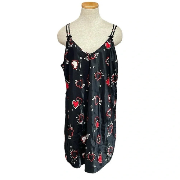 Dentelle Robe & Chemise Set Women's L Large Black Red Heart Pattern Slip Knee - Picture 3 of 17